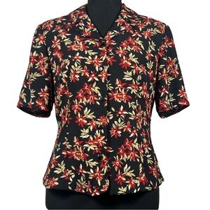 Pendleton Black Button-Up Blouse with Red Flowers, Size 10